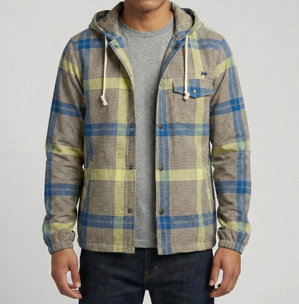 Kirra Mens Plaid Lightweight Snap Up Hooded Surfer Jacket Small